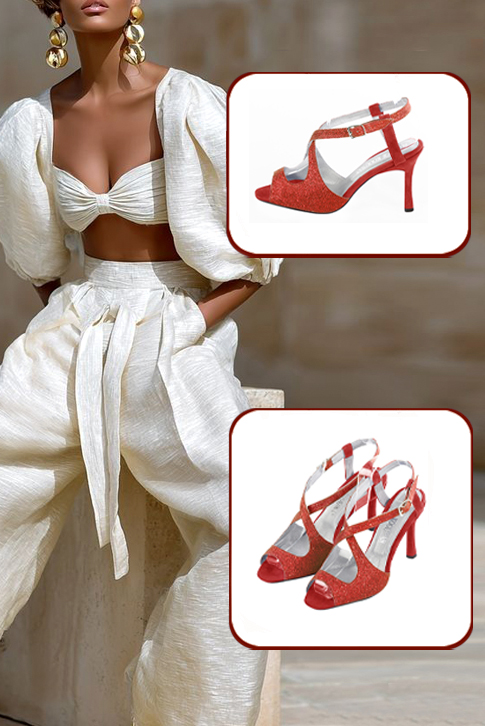 Women's scarlet red and cardinal red elegant cross straps sandals. Round toe. High slim heel - Worn view